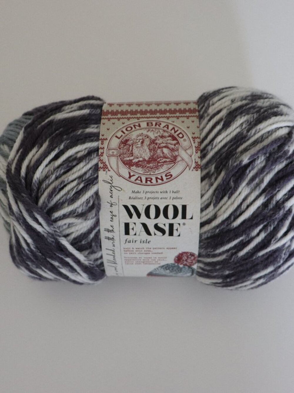 NWT Lion Brand Wool-Ease Fair Isle Yarn - Charcoal/Medium Grey Worsted #4